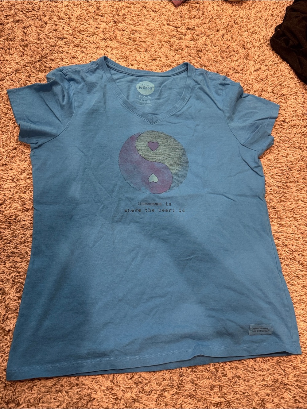 Life Is Good Blue V-Neck Tee with Yin-Yang Heart Graphic